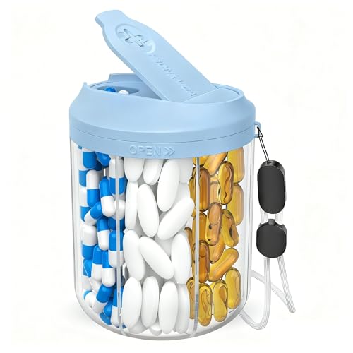 Image of Hionxmga Pill Dispenser with 7 Large Compartments, 4.4 inch H x 3.6 inch Dia Pill Bottle Organizer for Travel, Supplement Organizer with Anti-Mixing Design, BPA-Free Pill Container with 20 Pcs Labels, Blue
