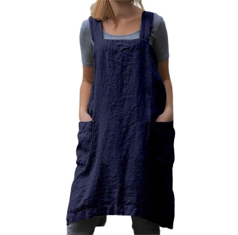 TBA Cotton Linen Apron Cross Back Apron for Women with Big Pockets Square Pinafore Dress for Baking Cooking BBQ & Grill, Blue, S