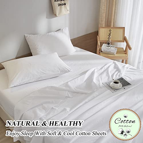 Full Size Sheets Set 4 Piece White Bed Sheets Soft Washed Cotton Bedding Sheets Luxury Cooling Sheets Full Bed Deep Pocket Fitted Sheet Fits Up To 16" Mattress, Cooling Bed Sheets #TOP5