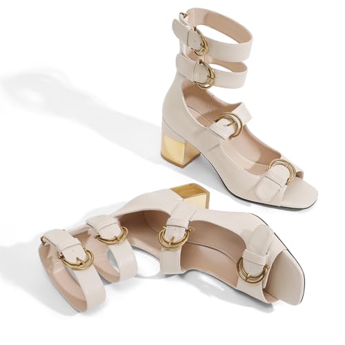 Image of LOCERICH Womens Heeled Sandals Chunky Block Heels Open Toe Strappy Comfortable Ankle Strap Gold Low Heel Dress Shoes for Women - Office, Date, Party, Summer Casual Outings