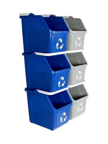 Sturdy Essentials Multi Bin Recycling System with Three Stackable 6 Gallon Recycle Bins for Kitchen Use – Recycling Trash Can Set for Office, Garage,