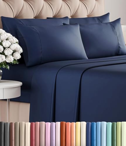 King 6 Piece Sheet Set - Comfy, Breathable & Cooling - Hotel Luxury Bedding for Women, Men, Kids, Teens & Children - 1 Flat & 1 Fitted Sheet & 4 Pillowcases w/ Deep Pockets - Wrinkle Free - Navy Blue