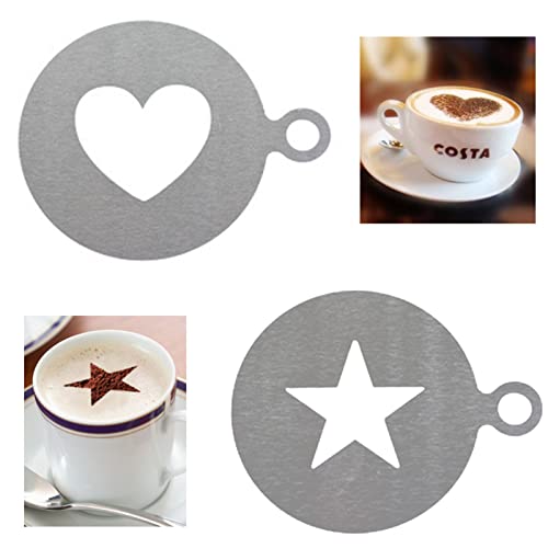 2 Stück Edelstahl-Schablonen für Cappuccino, Kaffee, Herzform, Sternform, Strew Pad, Staubwedel, Spray für Latte, Cappuccino, Cupcake, Kekse, heiße Schokolade