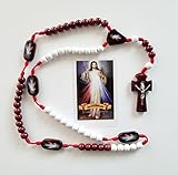 Tarjeta Laminada de el Senor de la Misericordia con Oracion y Rosario, Hecho a Mano, del color Rojo y Blanco