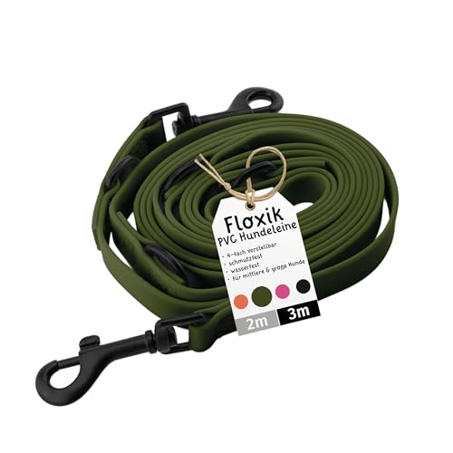 Floxik PVC Hundeleine 3m Grün | 4 Längen verstellbare Führleine für mittlere & große Hunde | Schmutz- & Wasserfest | Ideale Umhängeleine für das nächste Abenteuer mit deinem Liebling