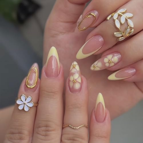 Flower Press on Nails French Tip Nails Press Ons Medium Almond Fa...