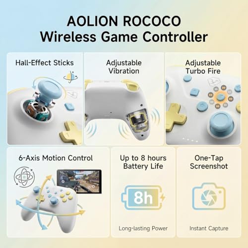 Image of Aolion gaming ROCOCO Wireless Controller Compatible with Switch 2 /Switch /OLED, Hall Effect Joysticks, Bluetooth Gamepad for PC /iOS /Android, Cute Pastel Design, Turbo, Dual Vibration