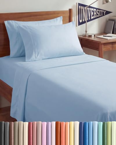 Image of Twin XL 4 Piece Sheet Set - College Dorm Room Essentials - Sky Blue | Ultra Soft Dorm Bedding Set, 8 inch to 16 inch Inch Deep Pockets, 1 Flat & 1 Fitted Sheet & 2 Pillowcases, Wrinkle & Fade Free