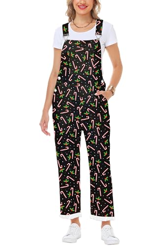 Magrank Womens Xmas Graphic Party Coveralls Cute Candy Cane Print Bib Overalls Christmas Denim Jumpsuit XL