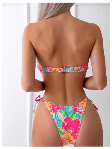 WDIRARA Women's Floral Print Bandeau Tie Side Bikini Set Strapless Swimsuit Two Piece Bathing Suit2