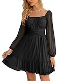 Wenrine Women's Mesh Long Sleeve Square Neck Dress High Waist A Line Ruffle Hem Flowy Casual Party Mini Dress Black