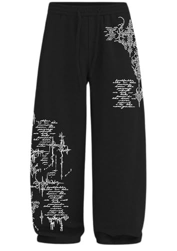 Image of Aesthetic Gothic Wide Leg Pants for Men | Tribal Print Baggy Streetwear | Oversized Track Pants with Elastic Waist | Black and White Relaxed Fit Bottoms