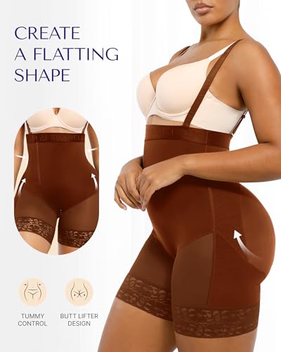 Image of SHAPELLX Tummy Control Shapewear for Women Faja Body Shaper with Butt Lifter Waist Cincher Bodysuit Plus Size Brown 4XL