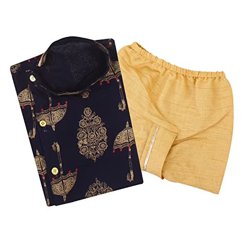 Image of superminis Boy's Golden Foil Printed Side Open Cotton Kurta, Round Collar, Full Sleeves Ethnic Wear Dhoti Kurta Set