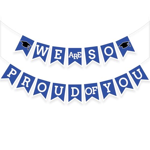 Image of Blue We Are So Proud Of You Banner Congrats Grad Cap Bunting Flag Grad Party Decoration Idea
