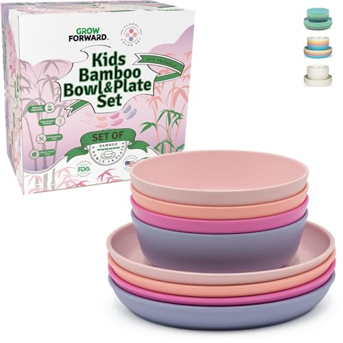 Grow Forward Bamboo Kids Plates and Bowls Sets - 8-Piece Dishwasher Safe Non Toxic Plates for Kids - Reusable Eco Friendly BPA Free Dishes Dinnerware Sets for Children - Floral