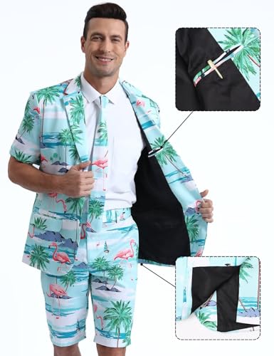 Men's 3-Piece Hawaiian Suits for Tropical Beach Party, Short Sleeve Blazer & Shorts & Tie4