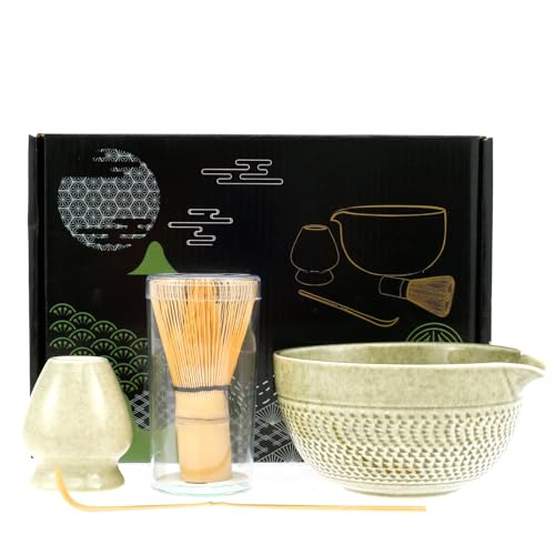 Matcha Whisk Set 16.9oz Ceramic Matcha Bowl with Spout Matcha Whisk Holder Bamboo Matcha Whisk Matcha Sifter Tea Scoop Tea Cloth Scoop Holde The Set to a Traditional Cup of Matcha.
