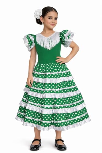 Amazon.com: Flamenco Dress for Girl with Ruffles on the Skirt with Detail  of Ruffles and Polka dots on the Skirt. Costumes of Spanish Folkloric,  Andalusian, Flamenco, (Green