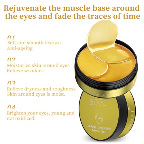 BLIGGLE Under Eye patches (64 pcs)-24K Gold Eye Mask with Hyaluronic Acid, Cooling Eye Care for Puffy Eyes & Dark Circles Treatments,Reduce Under Eye Bags and Smooth Wrinkles - Image 6