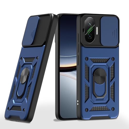 Image of Pikkme Back Cover for Poco F7 5G | D10 Tough Armor | 360 Protection Case | Sliding Camera Shield Cover & Ring Holder Stand Bumper Case (Blue)