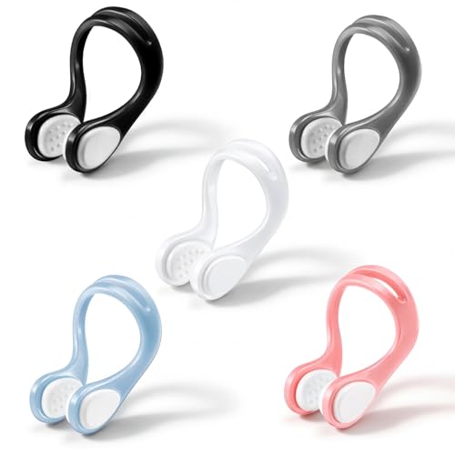 Hoteam 5 Pcs Nylon Swimming Nose Clip Set Unisex Adults Nose Plug Rubber Waterproof Soft Pads Accessories for Competitive Fitness Training Regular Swimmers(Black Grey White Blue Pink)