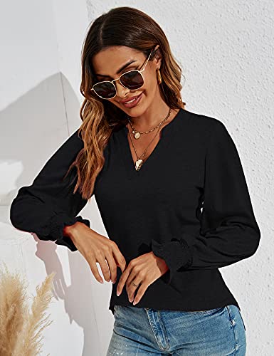 Romanstii Casual Blouse For Women White Long Sleeve Henley Neck Tops,Black,L #TOP3