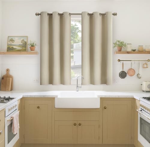 Image of YoungsTex Short Room Darkening Curtains 48 Inches Length - Thermal Insulated with Grommet Top Blackout Curtain for Bedroom, 2 Panels, 42 x 48 Inch, Beige