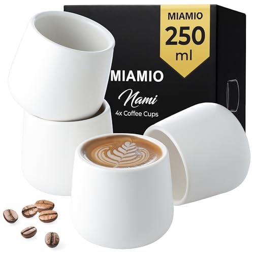 MIAMIO - Keramik Tassen 4er Set (250 ml) / Tassen aus Keramik ohne Henkel/Kaffeebecher Kaffeetassen Cappuccino Tassen (Weiß)