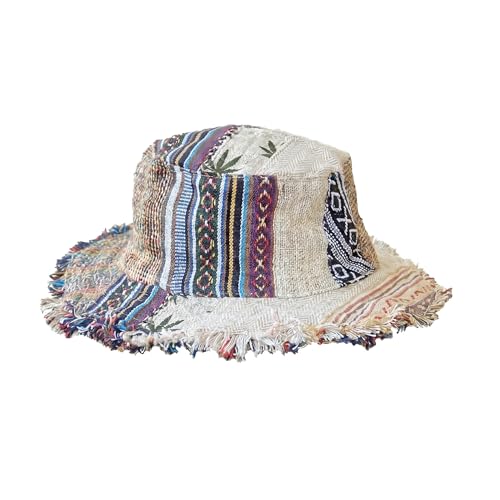 Frayed Patchwork Bucket Hat Wide Brim Boho Hemp Sun Bucket Hat for Beach Hiking Festival and Casual Wear (White)