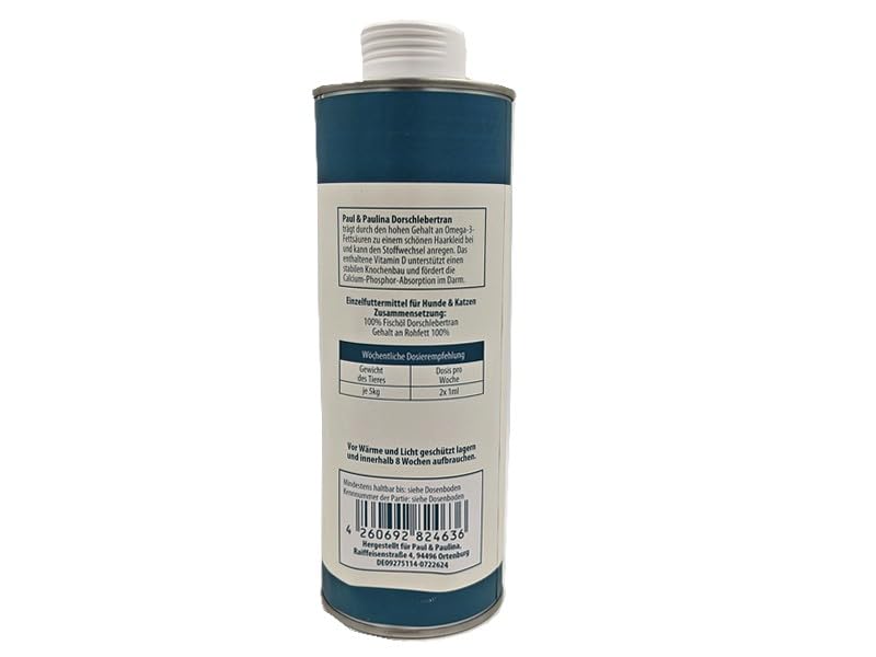 Paul & Paulina Dorschlebertran 500ml I Einzelfuttermittel für Hunde und Katzen I Optimale Zusammensetzung von Omega 3 und Omega 6 Fettsäuren
