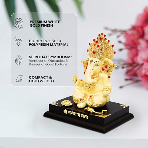 Image of Resin Ganesha Idol - Ganesha Murti Ganpati Idol for Home Decor Puja Car Dashboard Lord Ganesh Murti Gift for Office Desk Cute Figurine White 4 Inch