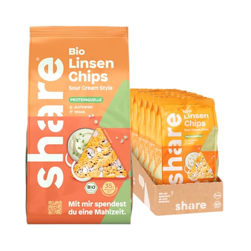 share Bio Linsenchips Sour Cream Style – Vegane & glutenfreie Protein Chips mit 18% Protein – Ballaststoffquelle (6x80g) – 35% weniger Fett als herkömmliche Linsen-Chips – Spendet 1 Mahlzeit