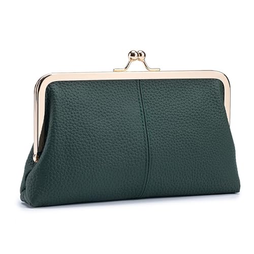 Image of Vintage Kiss Lock Leather Wallet for Women, Clutch, Dark Green | Genuine Leather, Multi-card Slots Card Holder Clutch Purse Travel Wallet