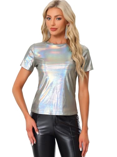 Allegra K Damen Party Metallic Strukturiertes Kurzarm Glänzendes...