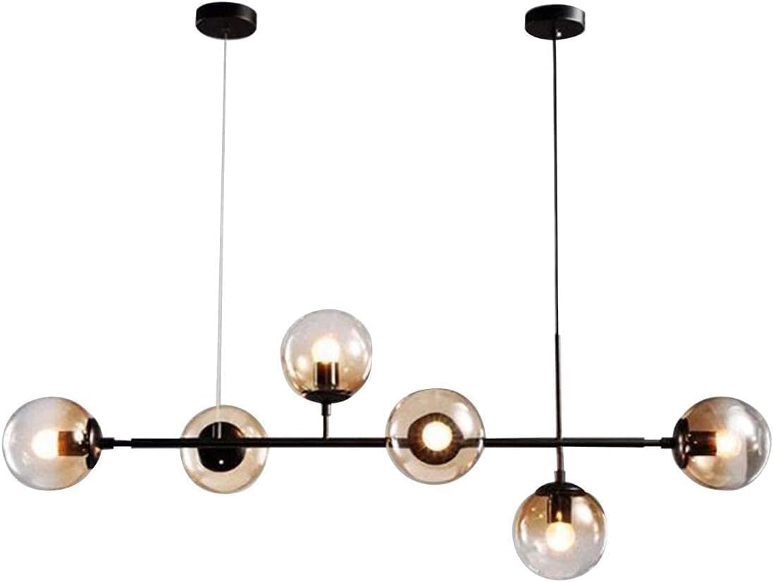Chandelier Globe Linear 6 Light Pendant Light Fixture with Amber Glass Gold Ceiling Plate Sputnik Chandelier for Kitchen Island Living Dining