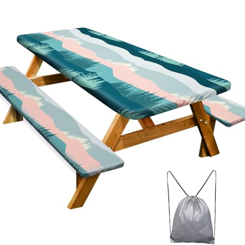 Image of Picnic Table Cover with Bench Covers 6FT 3 Pcs Waterproof Windproof Aesthetic Camping Tablecloth with Drawstring Bag, Fitted for 6 Foot Rectangle Tables and Seats, 72 inch, Pink Green Mountains