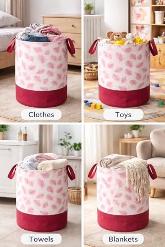 Image of UNICRAFT Leaf Design Laundry Bag 45L | Foldable Fabric Laundry Basket with Handles | Printed Storage Organizer for Clothes, Toys & Home Use (Maroon, Pack of 1)