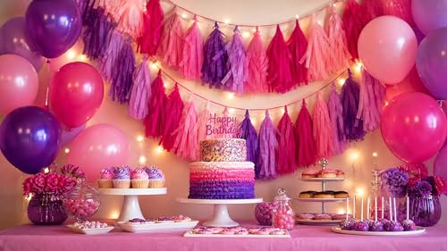Image of Pink Purple and Rose red Tissue Paper Tassels Tassel Garland Banner for Birthday Party Decorations,Pack of 20