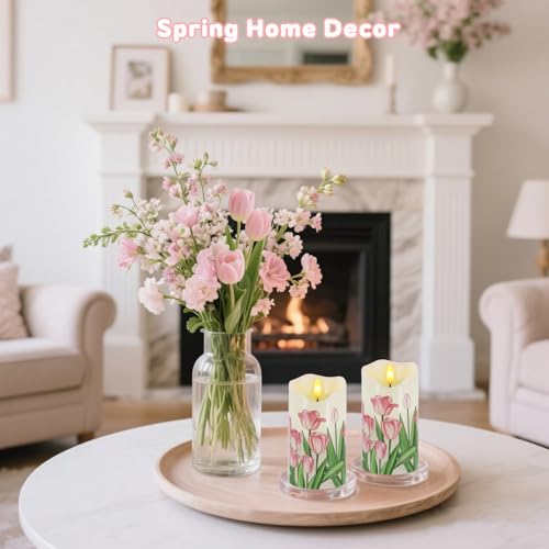 Image of Tulip Flameless Candles Set of 2, 6 inchx3 inch Spring Candles with Remote & Timer | Flickering Real Wax Pillar Candles Battery Operated, Dimmable Electric LED Candles Light for Mother's Day Spring Easter Decor
