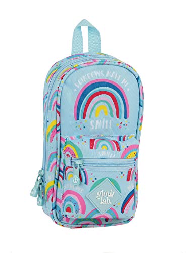Safta 412033747 Plumier mochila 4 estuches llenos, 33 piezas, escolar Glowlab, Azul (Arcoiris)