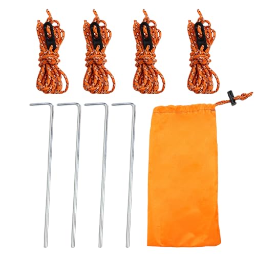 4 Pack 4mm Tent Guide Ropes Guy Line Reflective with Guy Cords Tensioners and Tent Pegs Fixing Nails with 1 Stroage Bag for Outdoor Camping Hiking (4 Ropes+Tensioners+Pegs / 1 Bag)