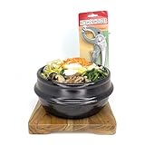 Jovely Korean Stone Pot Set - 32 fl oz, Authentic Ttukbaegi Korean Earthenware Pot w/Wood Tray & Tong - Twice-Fired Natural Korean Clay Pot for Cooking - Microwave & Dishwasher-Safe(No Lid)