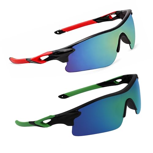 Image of Oversized Sports Goggles for Men & Women UV400 Protection Non Polarized Cycling Running Cricket Driving Fishing Outdoor Lightweight Wraparound Design Clear Vision Eyewear. (Red + Green)