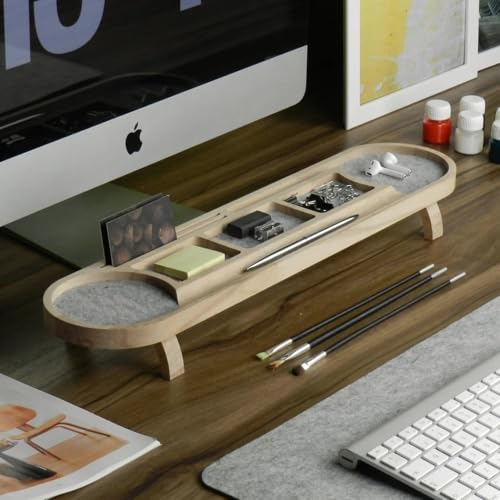 Image of Wooden Desk Organizer with Phone Stand, Multi-Compartment Stationery Holder, Natural Wood Finish (STYLE-5)