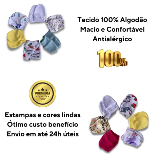 Kit 6 Luvas Bebê Recem Nascido 100% Algodão Menino Menina RN 3 Estampadas + 3 Lisas Suedine Luvinha