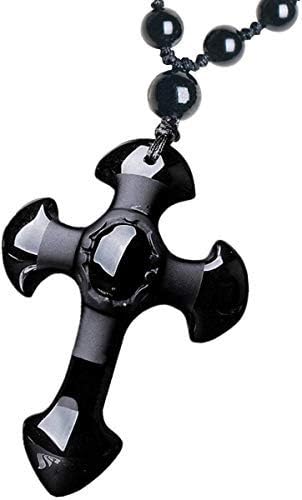 Crystal black Obsidian cross necklace Amulet pendant with adjustable bead chain for women or men