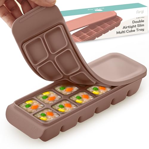 Image of Firgi 0.7 oz/12 Sections Silicone Ice Cube Freezer Tray with Lid, 100% Food-Grade Platinum Silicone,Leak Resistance & Dishwasher Safe for Baby Food Prep,Breast Milk,Purees - Korean Made, Brown