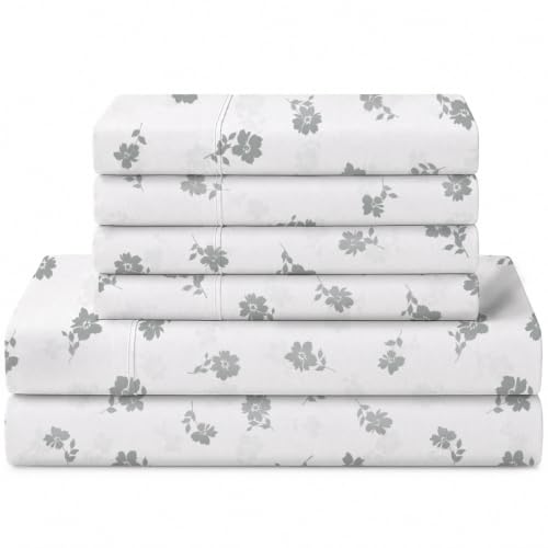 Image of Linen Home 100% Cotton Printed Percale Sheets Cal King Size, Grey Floral