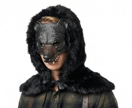 Ensemble de Pélerine à Capuchon Courte en Fourrure et Masque d’Ours Cosplay Cape de Chasseur en Peluche avec Masque Ours Noir Halloween Pélerine de Chevalier Adulte Cape de Déguisement Médiéval